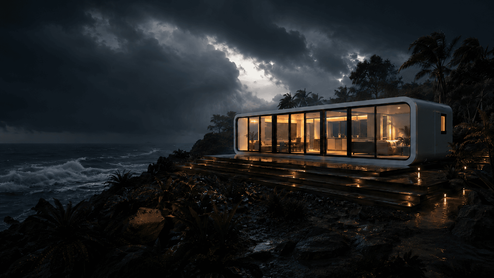 NanoNest modular home exterior at dusk